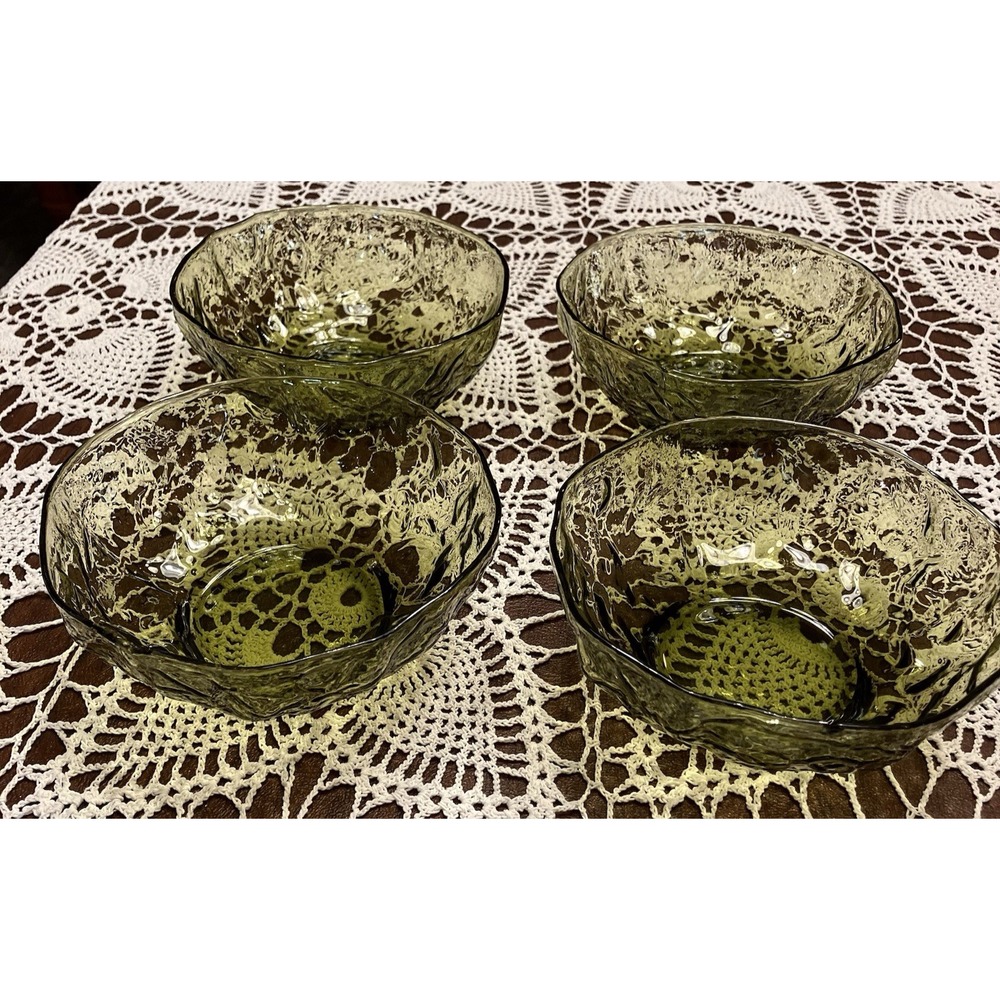 Vintage 4 Seneca Driftwood Avocado Green 5" Dessert Fruit Bowls‎ Crinkle GUC